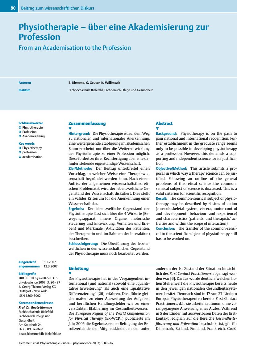 Vorschauseite 1: Physiotherapie - über eine Akademisierung zur Profession