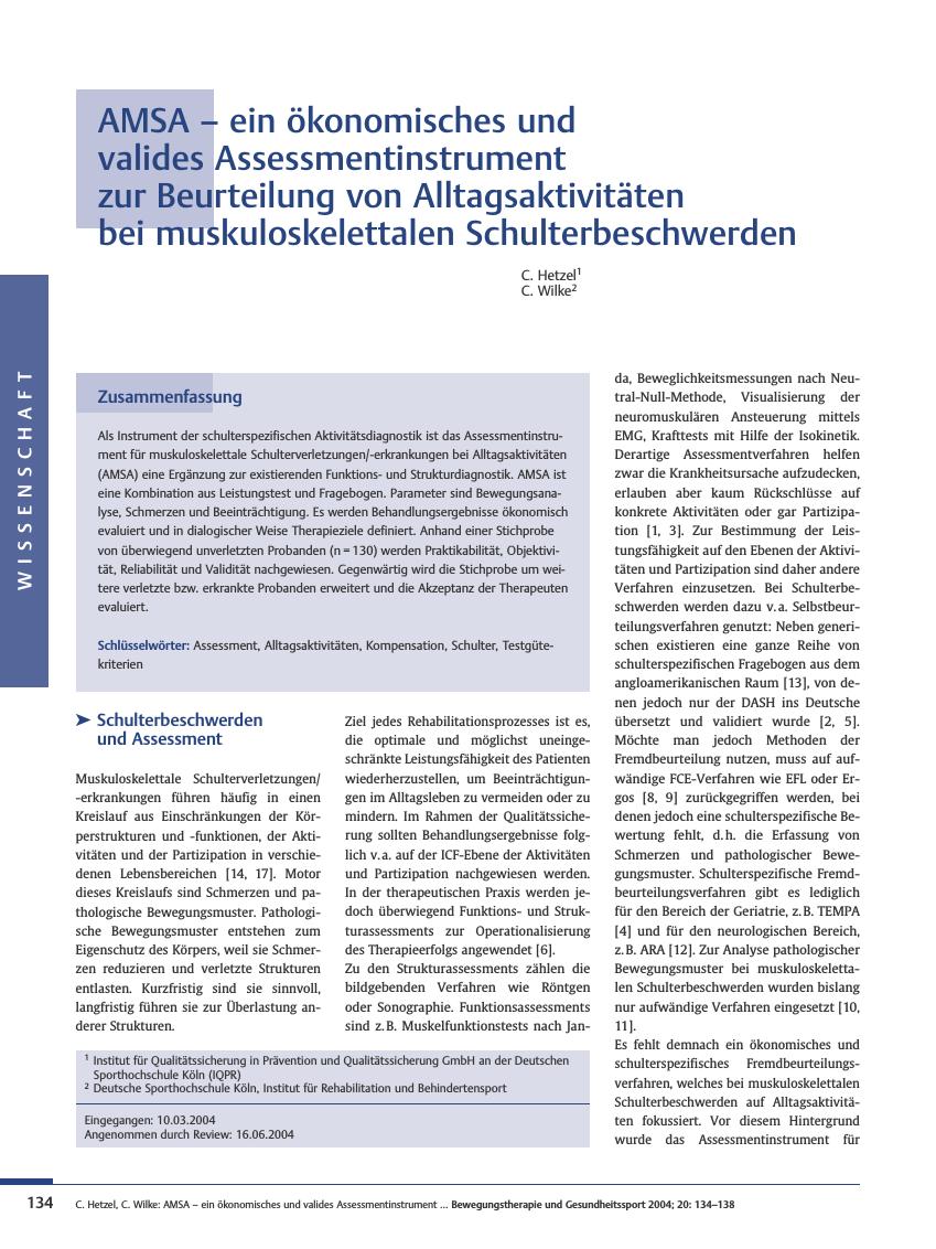 Vorschauseite 1: AMSA - ein ökonomisches und valides Assessmentinstrument zur Beurteilung von Alltagsaktivitäten bei muskuloskelettalen Schulterbeschwerden