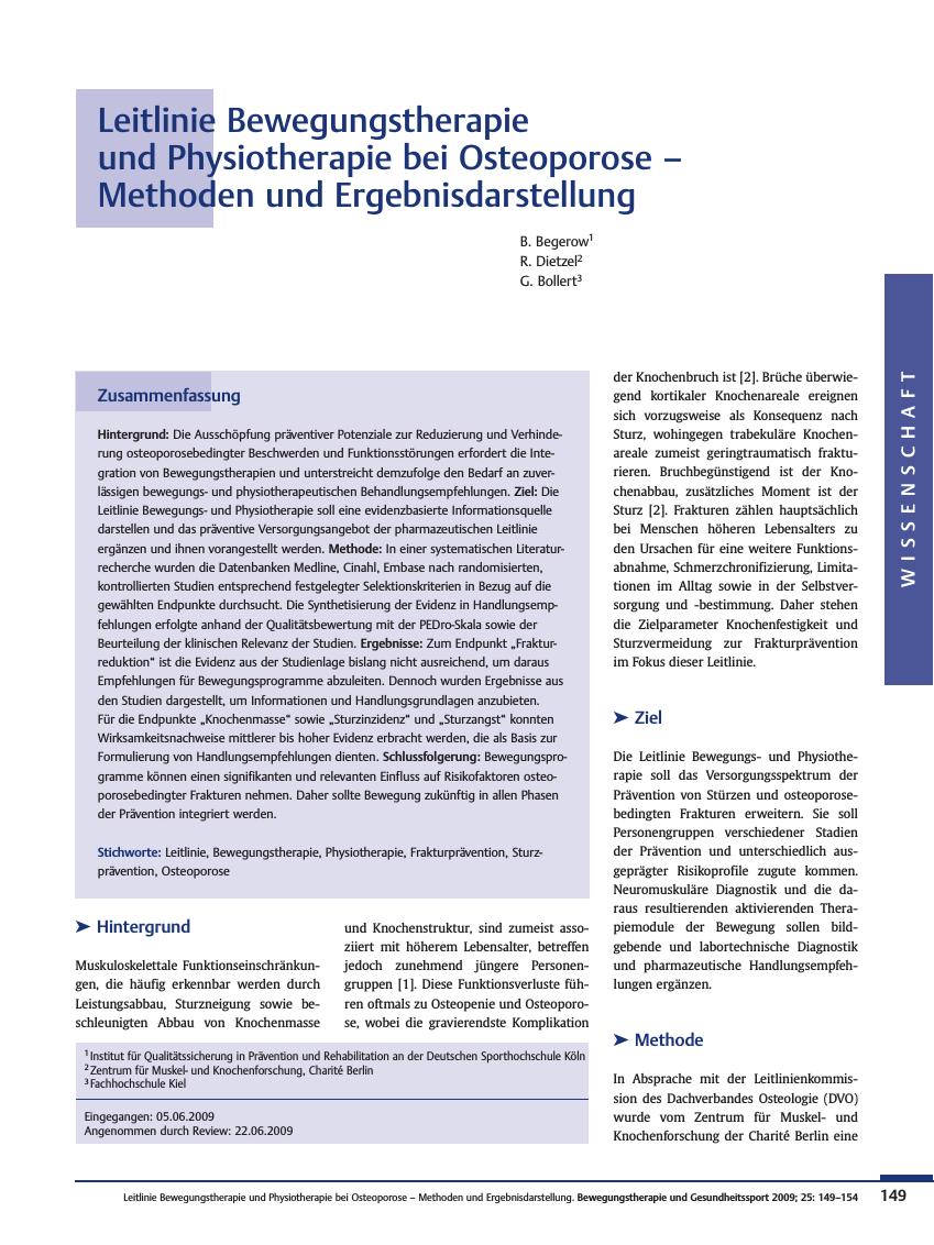 Vorschauseite 1: Leitlinie Bewegungstherapie und Physiotherapie bei Osteoporose – Methoden und Ergebnisdarstellung