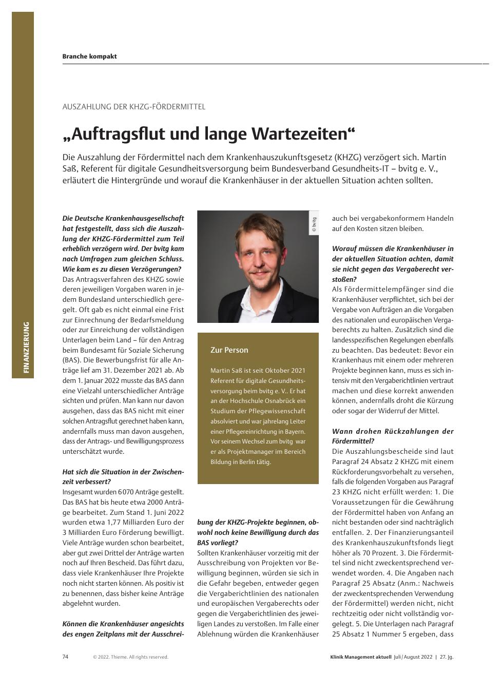 Vorschauseite 1: Auszahlung der KHZG-Fördermittel: „Auftragsflut und lange Wartezeiten“
