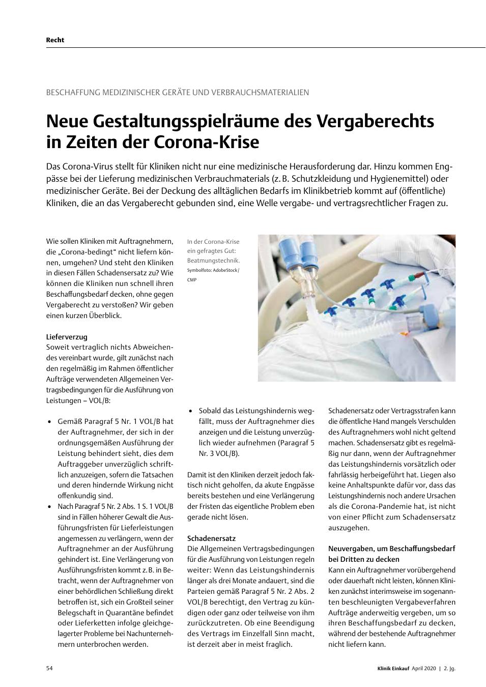 Vorschauseite 1: Beschaffung medizinischer Geräte und Verbrauchsmaterialien: Neue Gestaltungsspielräume des Vergaberechts in Zeiten der Corona-Krise