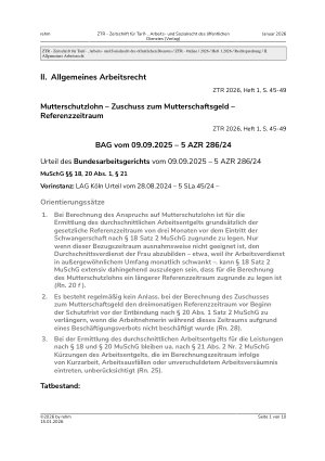 Vorschauseite 1: II. Allgemeines Arbeitsrecht Mutterschutzlohn – Zuschuss zum Mutterschaftsgeld – Referenzzeitraum