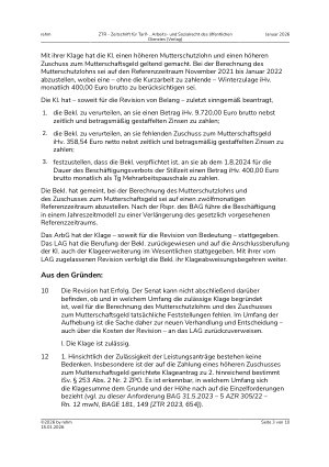 Vorschauseite 3: II. Allgemeines Arbeitsrecht Mutterschutzlohn – Zuschuss zum Mutterschaftsgeld – Referenzzeitraum