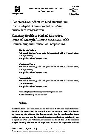 Vorschauseite 1: Planetare Gesundheit im Medizinstudium: Praxisbeispiel Klimasprechstunde und curriculare Perspektiven