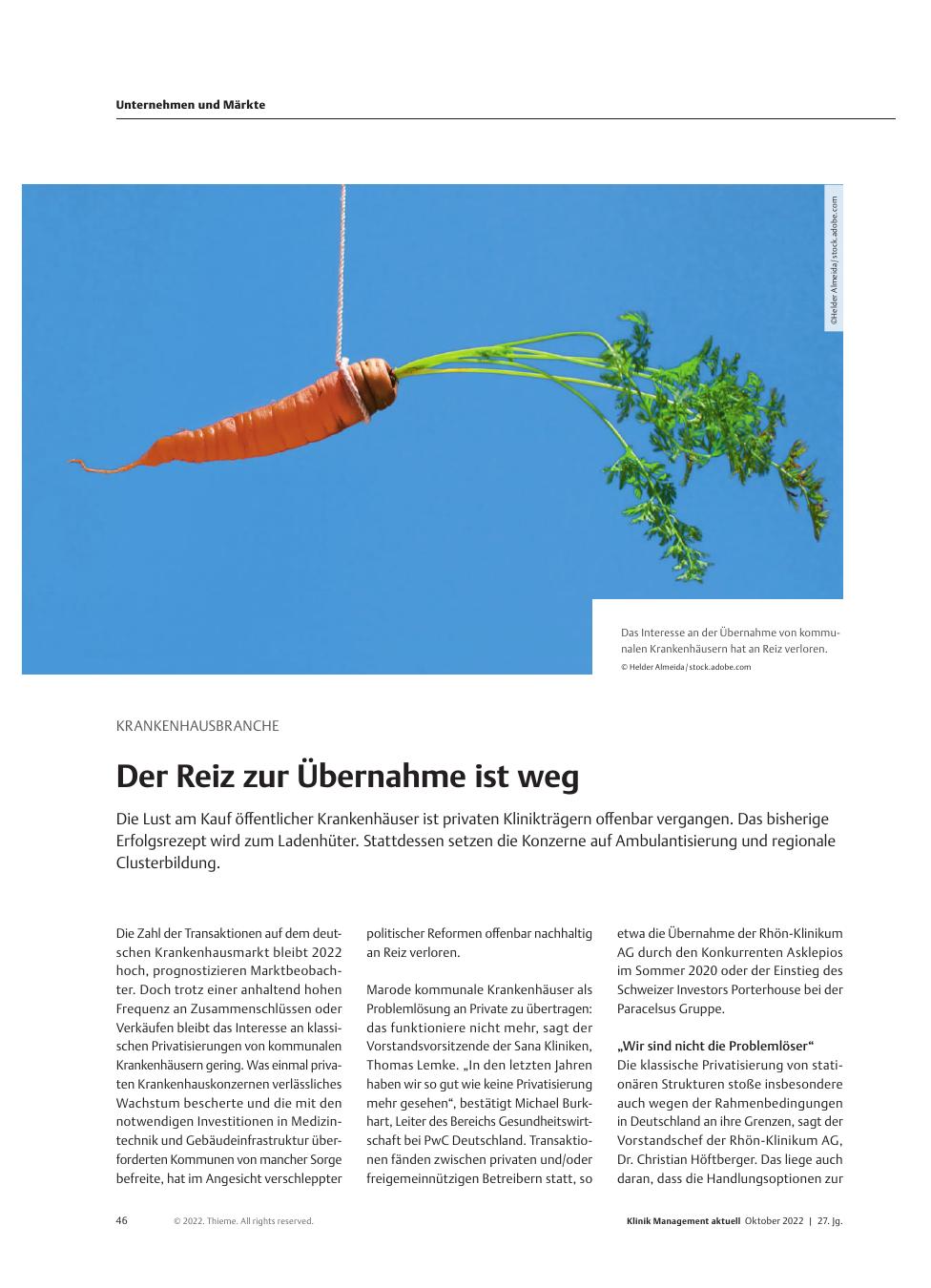 Vorschauseite 1: Krankenhausbranche: Der Reiz zur Übernahme ist weg