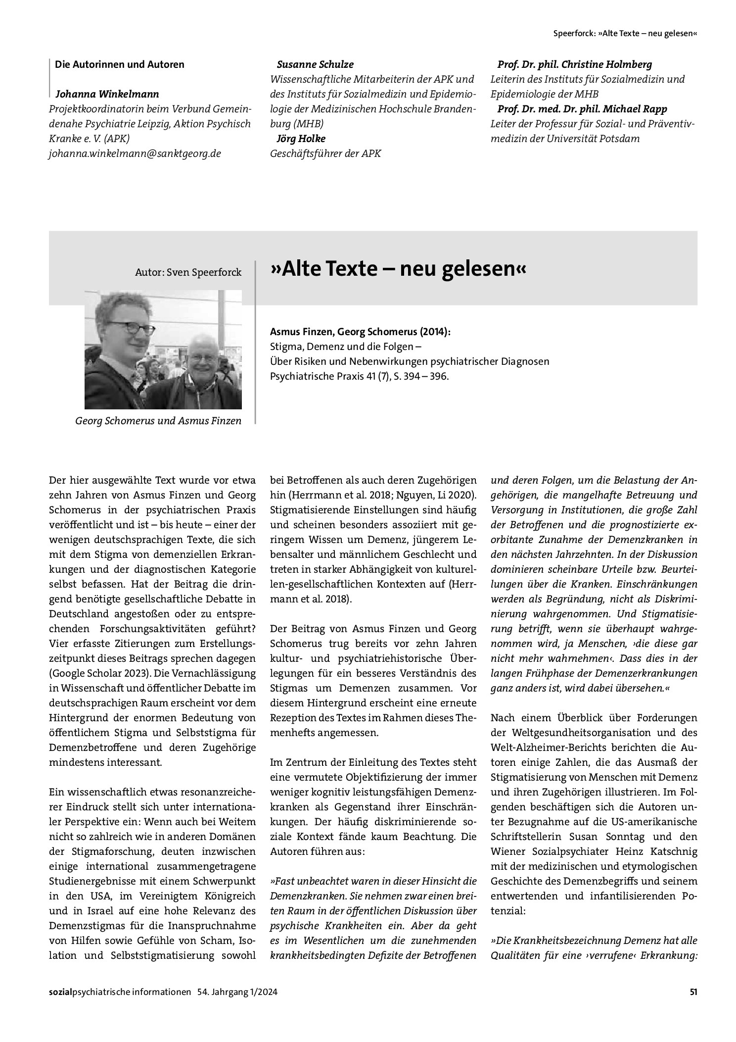 Vorschauseite 1: „Alte Texte – neu gelesen“: Asmus Finzen, Georg Schomerus (2014): Stigma, Demenz und die Folgen – Über Risiken und Nebenwirkungen psychiatrischer Diagnosen