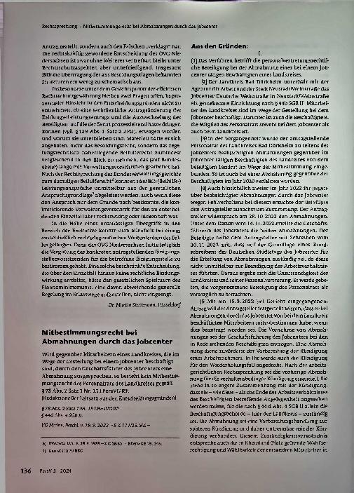 Vorschauseite 1: Mitbestimmungsrecht bei Abmahnungen durch das Jobcenter