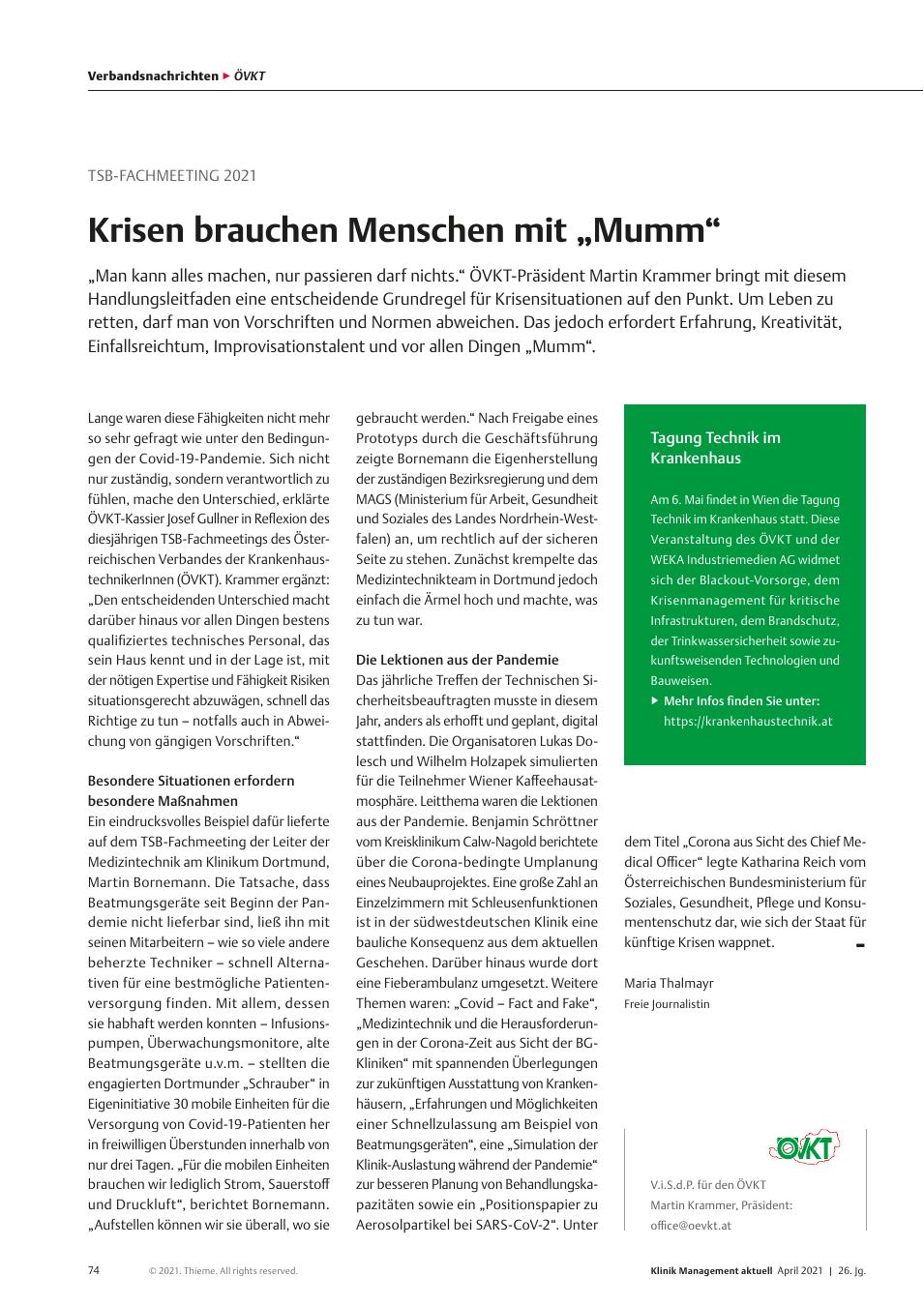 Vorschauseite 1: TSB-Fachmeeting 2021: Krisen brauchen Menschen mit "Mumm"