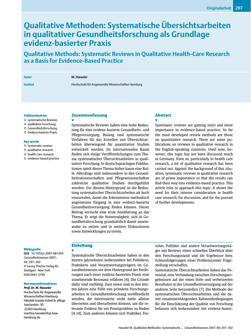 Vorschauseite 1: Qualitative Methoden: Systematische Übersichtsarbeiten in qualitativer Gesundheitsforschung als Grundlage evidenz-basierter Praxis