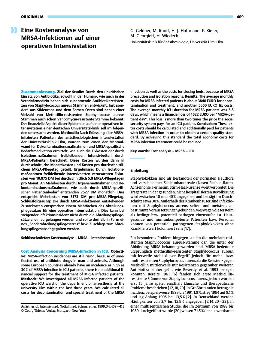 Vorschauseite 1: Eine Kostenanalyse von MRSA-Infektionen auf einer operativen Intensivstation