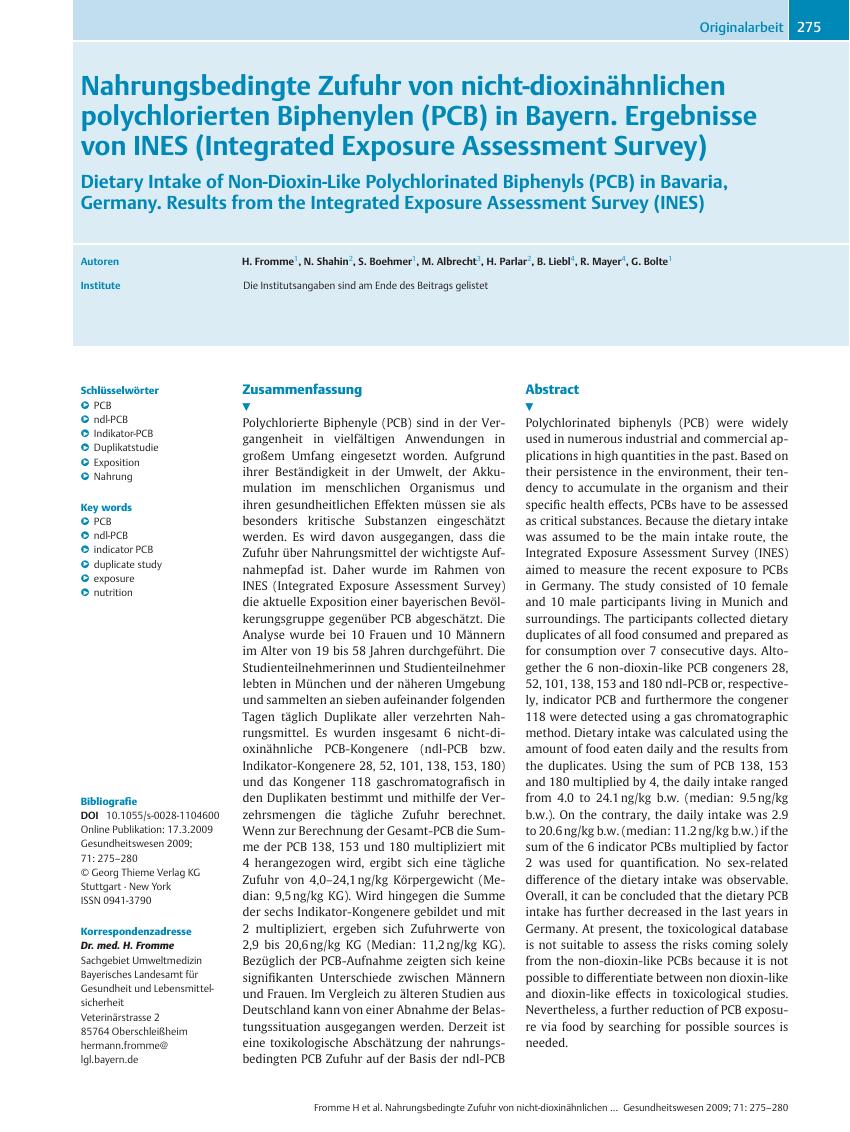 Vorschauseite 1: Nahrungsbedingte Zufuhr von nicht-dioxinähnlichen polychlorierten Biphenylen (PCB) in Bayern. Ergebnisse von INES (Integrated Exposure Assessment Survey)