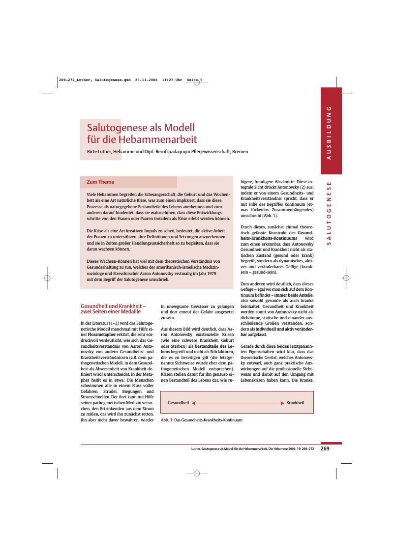 Vorschauseite 1: Salutogenese als Modell für die Hebammenarbeit
