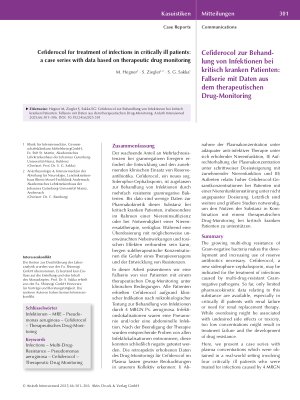 Vorschauseite 1: Cefiderocol zur Behandlung von Infektionen bei kritisch kranken Patienten: Fallserie mit Daten aus dem therapeutischen Drug-Monitoring