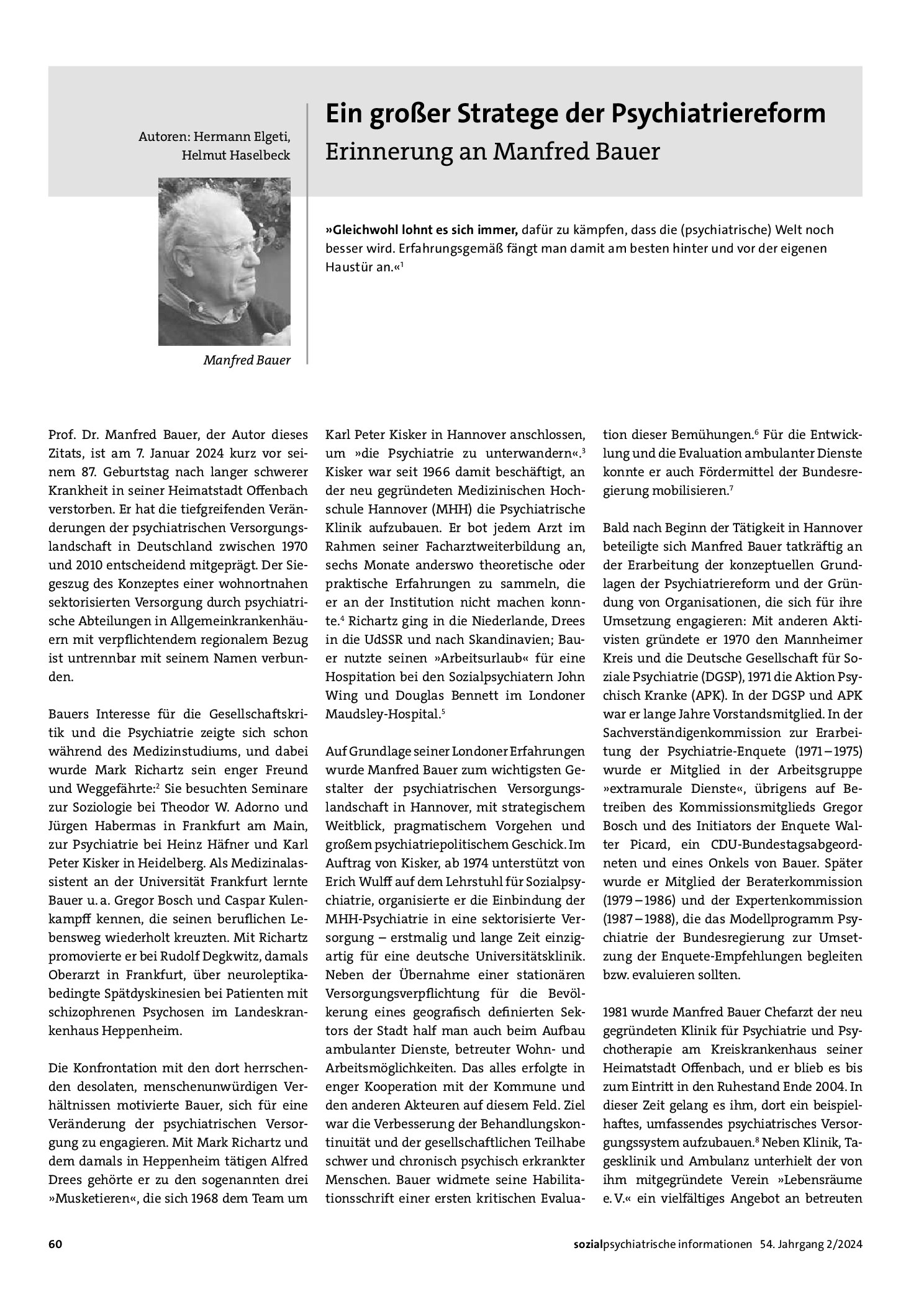 Vorschauseite 1: Ein großer Stratege der Psychiatriereform. Erinnerung an Manfred Bauer
