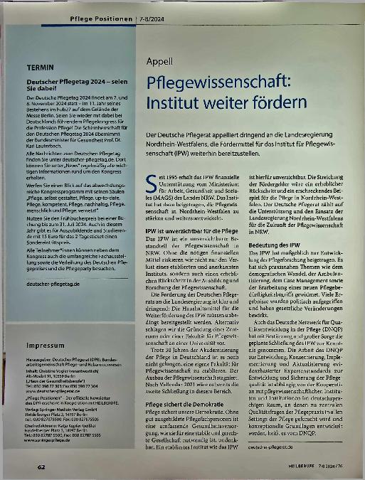 Vorschauseite 1: Pflegewissenschaft: Institut weiter fördern