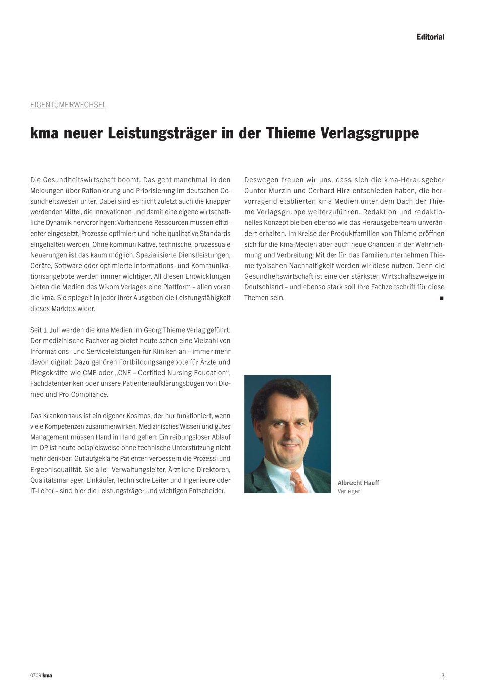 Vorschauseite 1: kma neuer Leistungsträger in der Thieme Verlagsgruppe