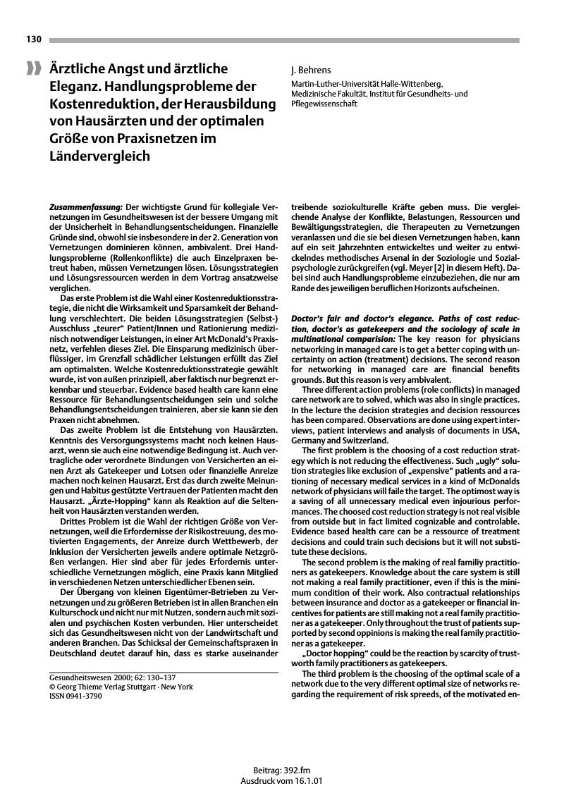 Vorschauseite 1: Ärztliche Angst und ärztliche Eleganz. Handlungsprobleme der Kostenreduktion, der Herausbildung von Hausärzten und der optimalen Größe von Praxisnetzen im Ländervergleich