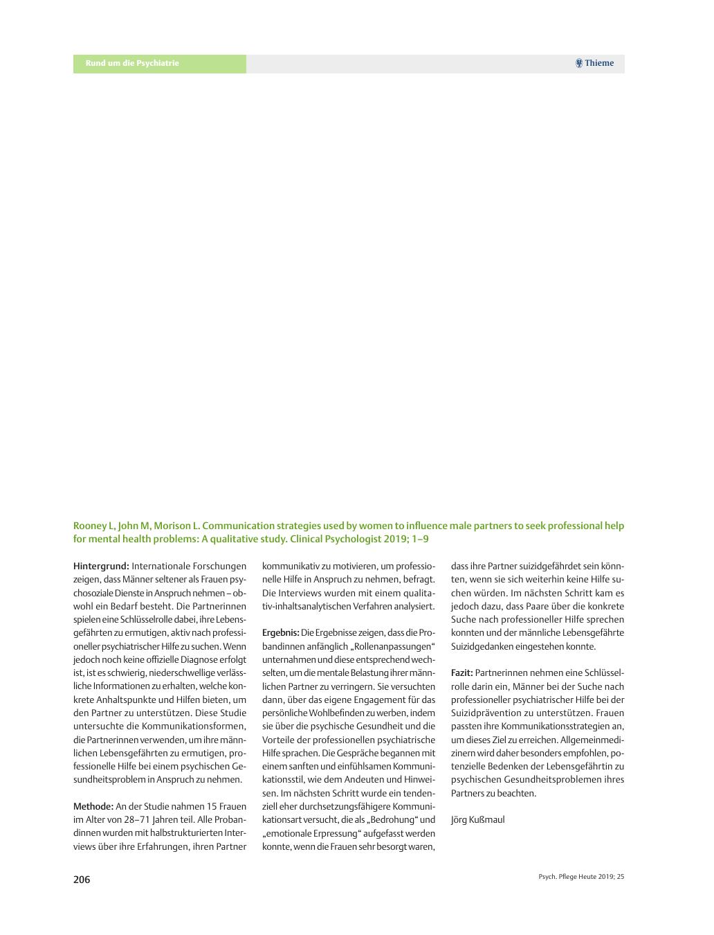 Vorschauseite 1: Für Sie gelesen: Aktuelle Studien: Rooney L, John M, Morison L. Communication strategies used by women to influence male partners to seek professional help for mental health probl…