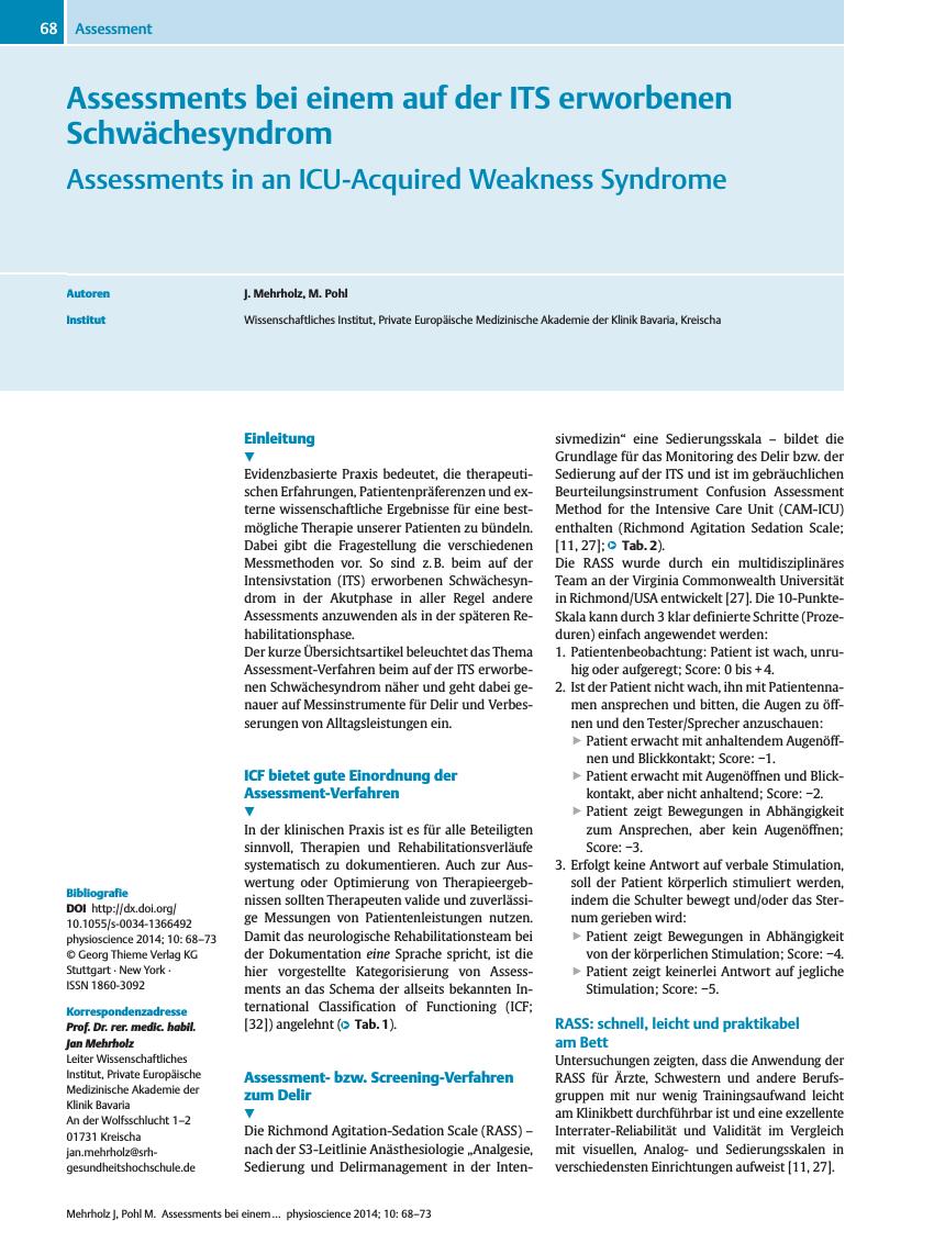 Vorschauseite 1: Assessments bei einem auf der ITS erworbenen Schwächesyndrom