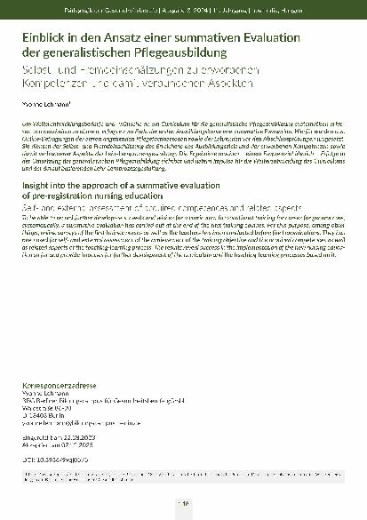 Vorschauseite 1: Einblick in den Ansatz einer summativen Evaluation der generalistischen Pflegeausbildung: Selbstund Fremdeinschätzungen zu erworbenen Kompetenzen und damit verbundenen Aspekten.