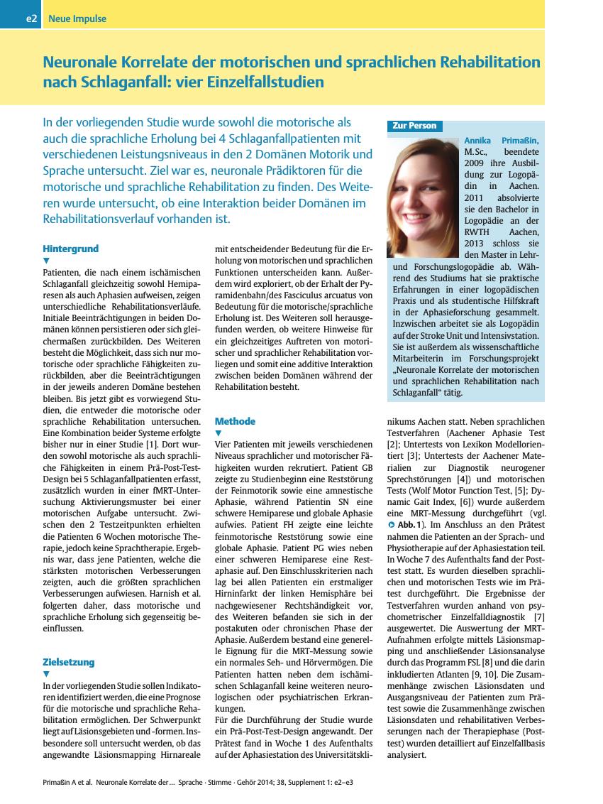 Vorschauseite 1: Neuronale Korrelate der motorischen und sprachlichen Rehabilitation nach Schlaganfall: vier Einzelfallstudien