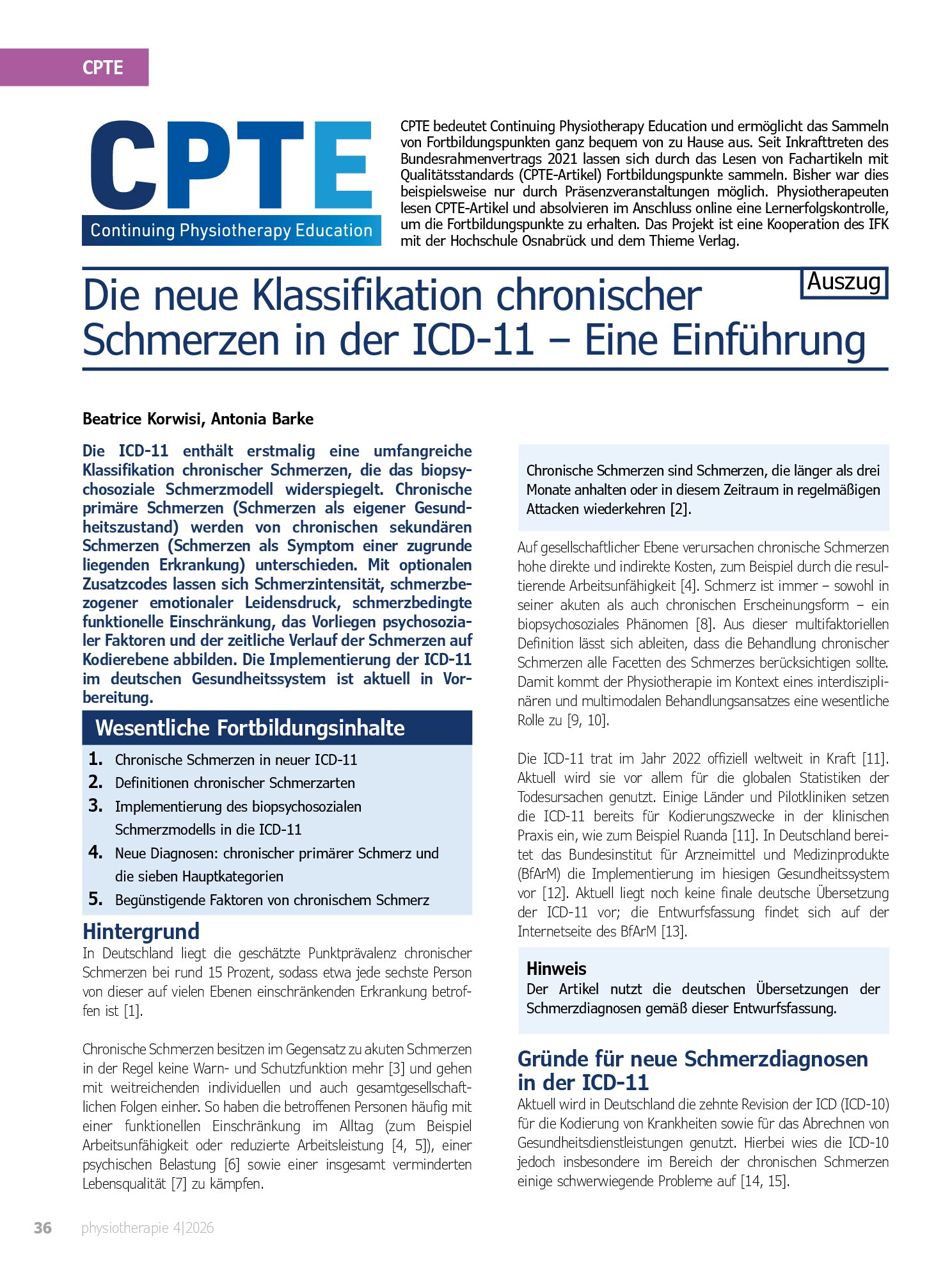 Vorschauseite 1: Die neue Klassifikation chronischer Schmerzen in der ICD-11 – Eine Einführung