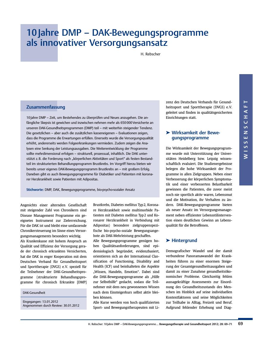 Vorschauseite 1: 10 Jahre DMP – DAK-Bewegungsprogramme als innovativer Versorgungsansatz