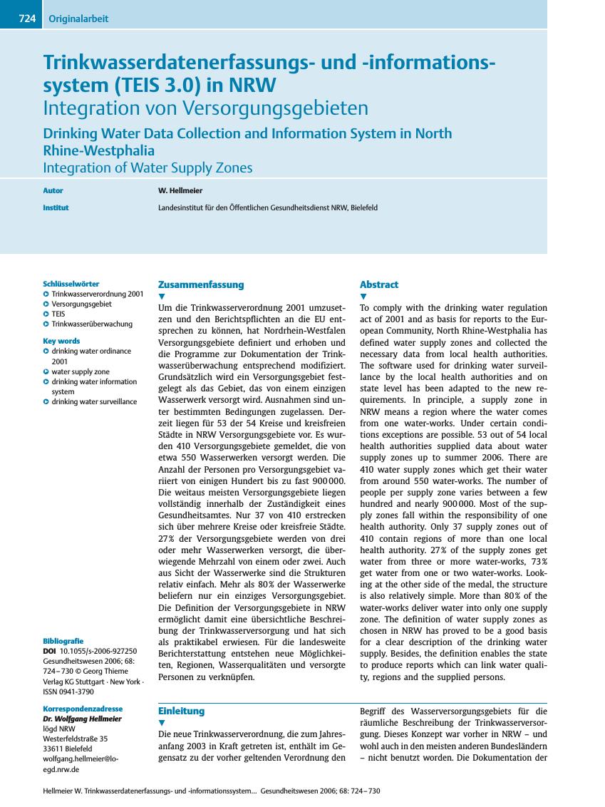 Vorschauseite 1: Trinkwasserdatenerfassungsund -informationssystem (TEIS 3. 0) in NRW