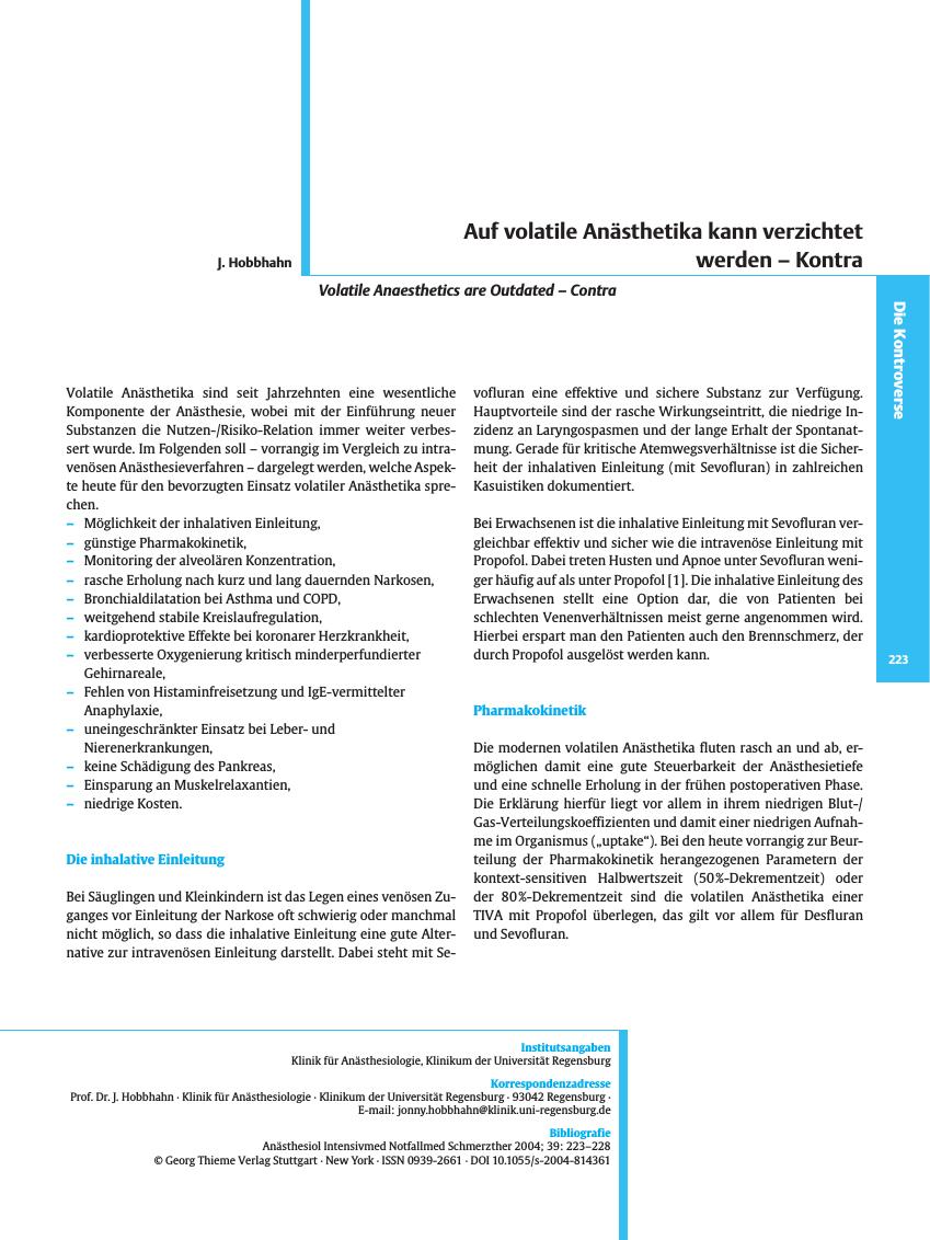Vorschauseite 1: Auf volatile Anästhetika kann verzichtet werden - Kontra