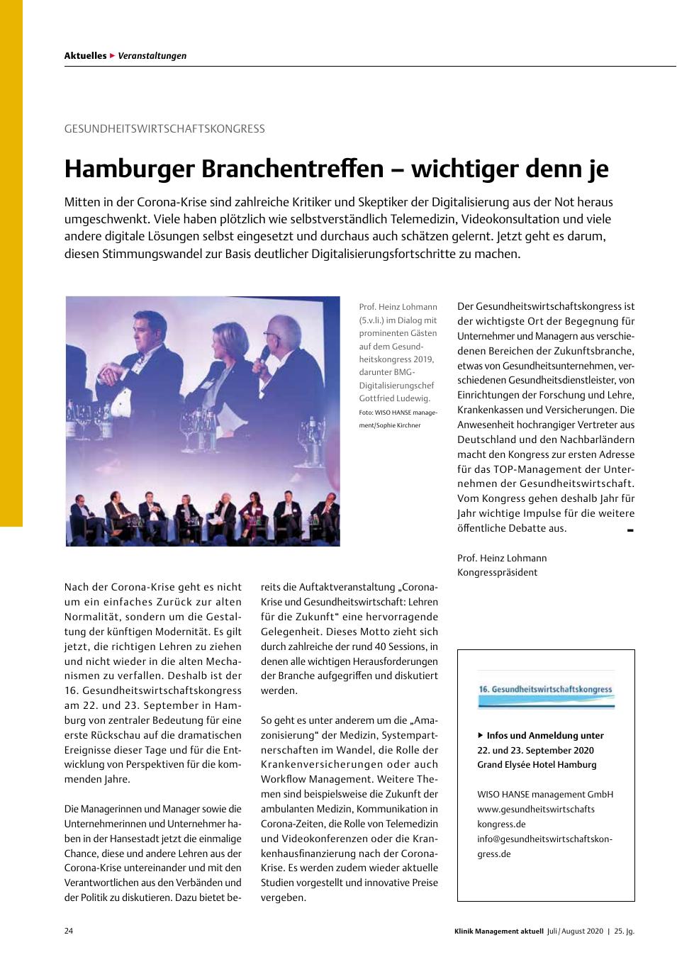 Vorschauseite 1: Gesundheitswirtschaftskongress: Hamburger Branchentreffen – wichtiger denn je
