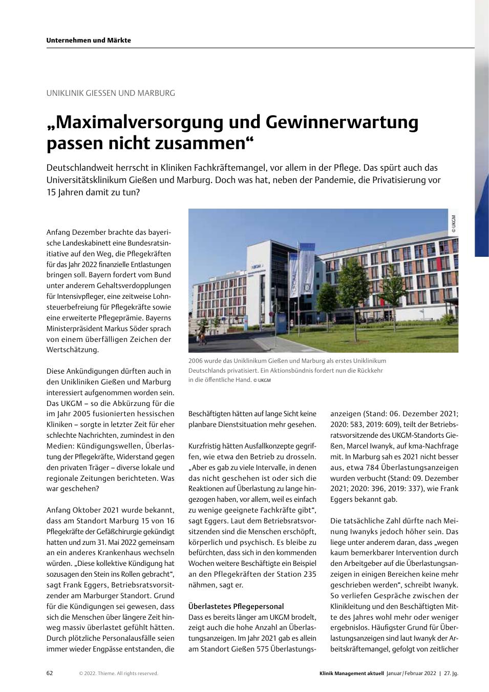 Vorschauseite 1: Uniklinik Gießen und Marburg: „Maximalversorgung und Gewinnerwartung passen nicht zusammen“
