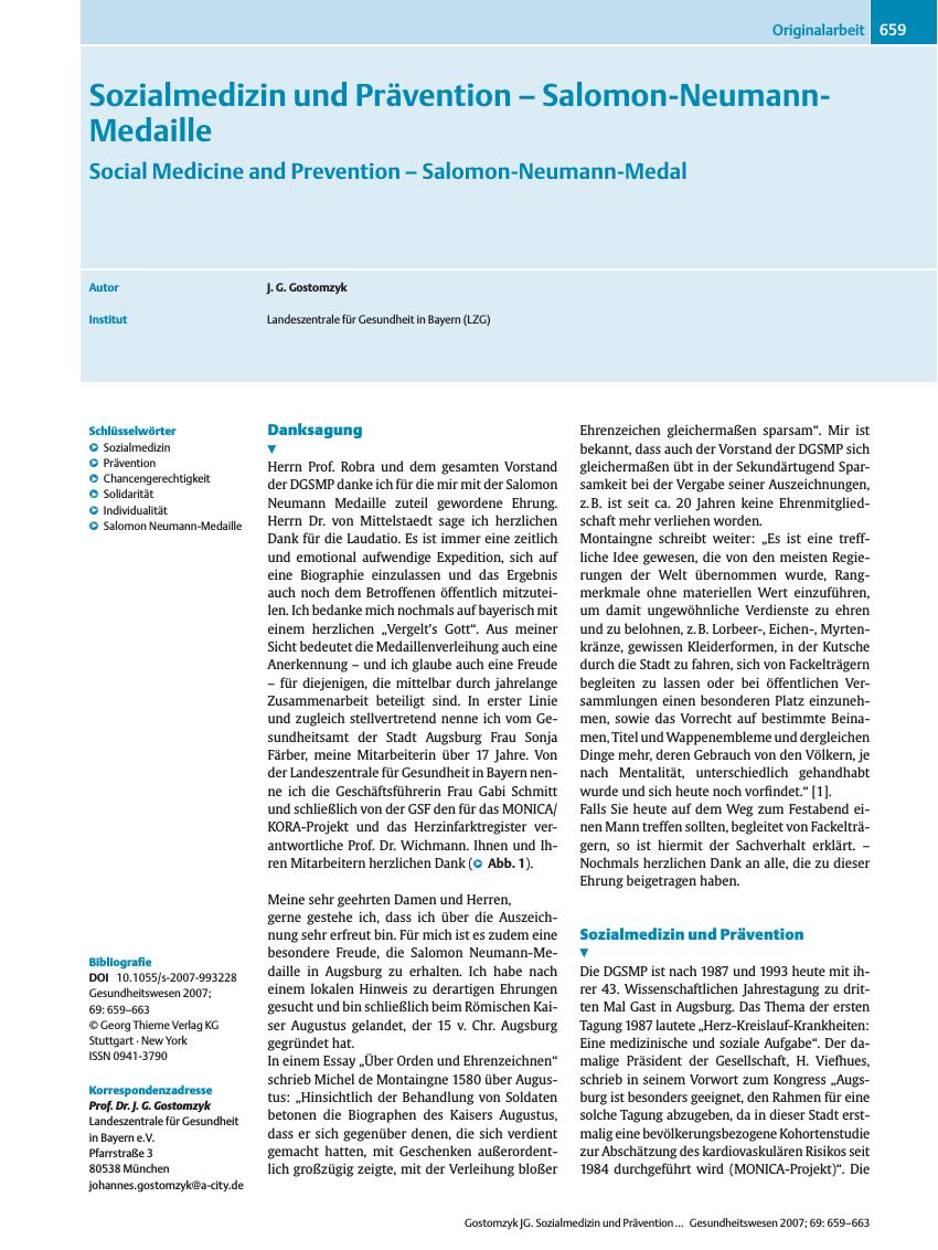 Vorschauseite 1: Sozialmedizin und Prävention - Salomon-Neumann-Medaille