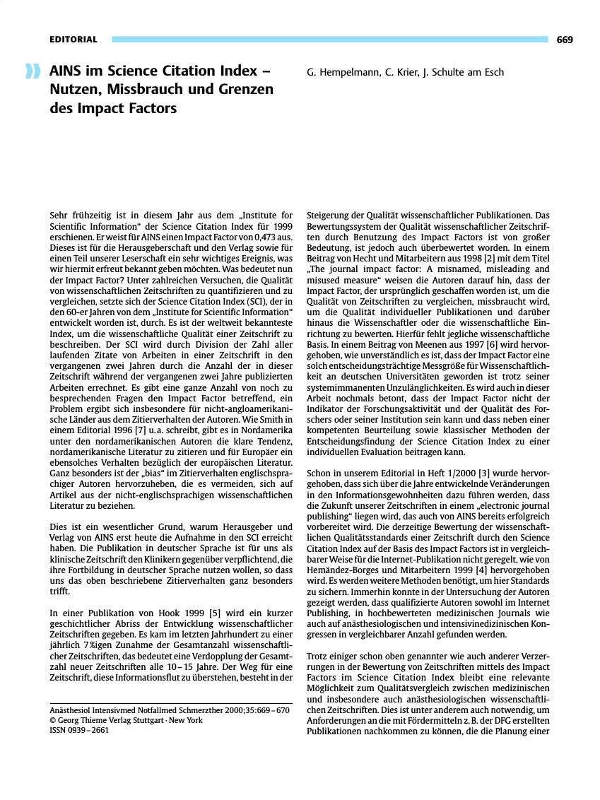 Vorschauseite 1: AINS im Science Citation Index - Nutzen, Missbrauch und Grenzen des Impact Factors