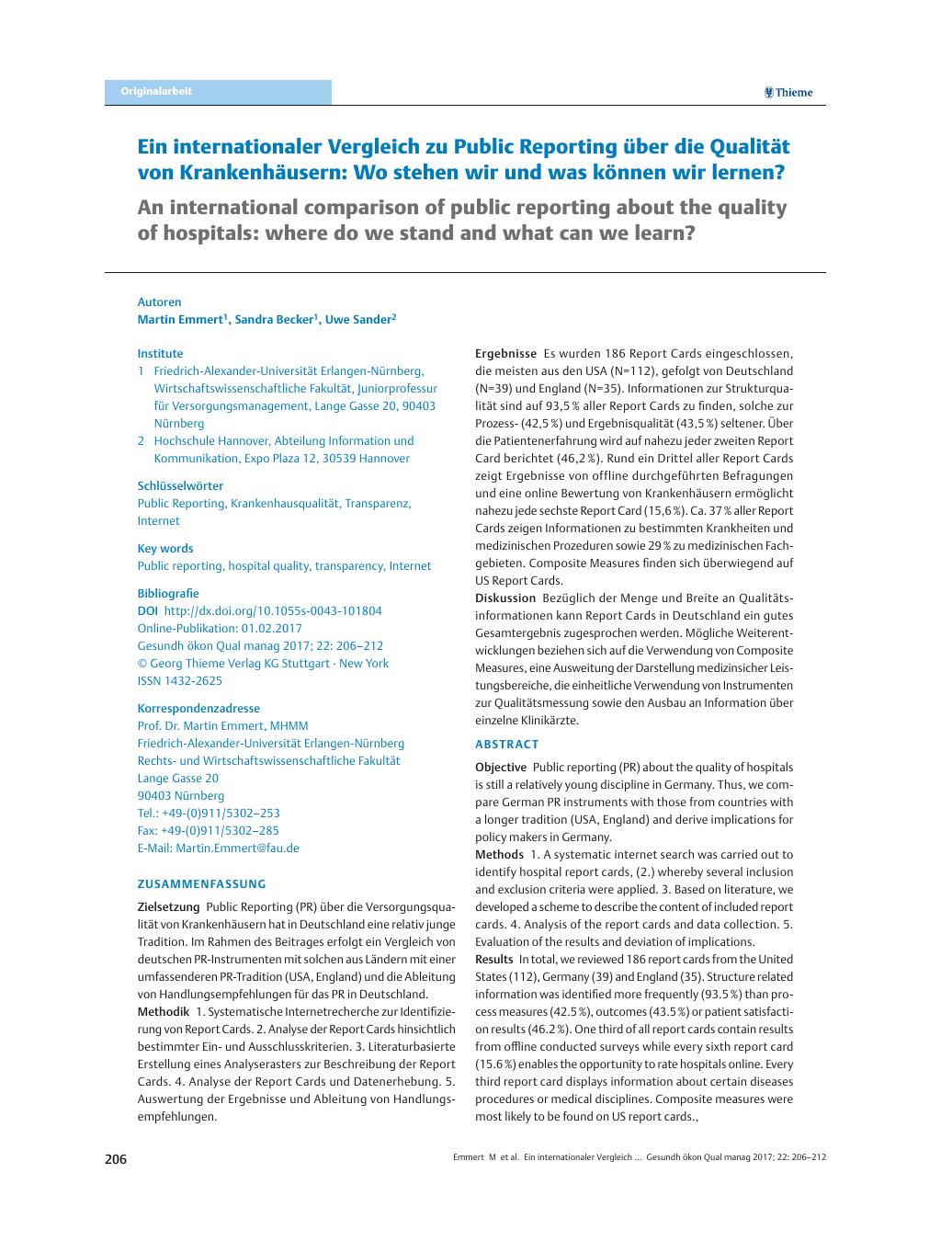 Vorschauseite 1: Ein internationaler Vergleich zu Public Reporting über die Qualität von Krankenhäusern: Wo stehen wir und was können wir lernen?