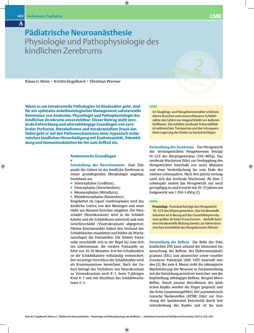 Vorschauseite 1: Pädiatrische Neuroanästhesie - Physiologie und Pathophysiologie des kindlichen Zerebrums