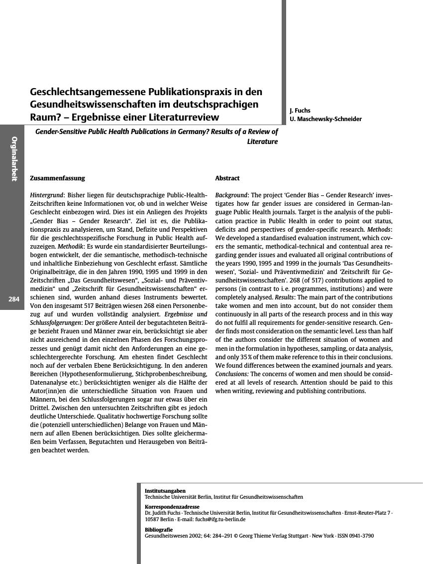 Vorschauseite 1: Geschlechtsangemessene Publikationspraxis in den Gesundheitswissenschaften im deutschsprachigen Raum? - Ergebnisse einer Literaturreview