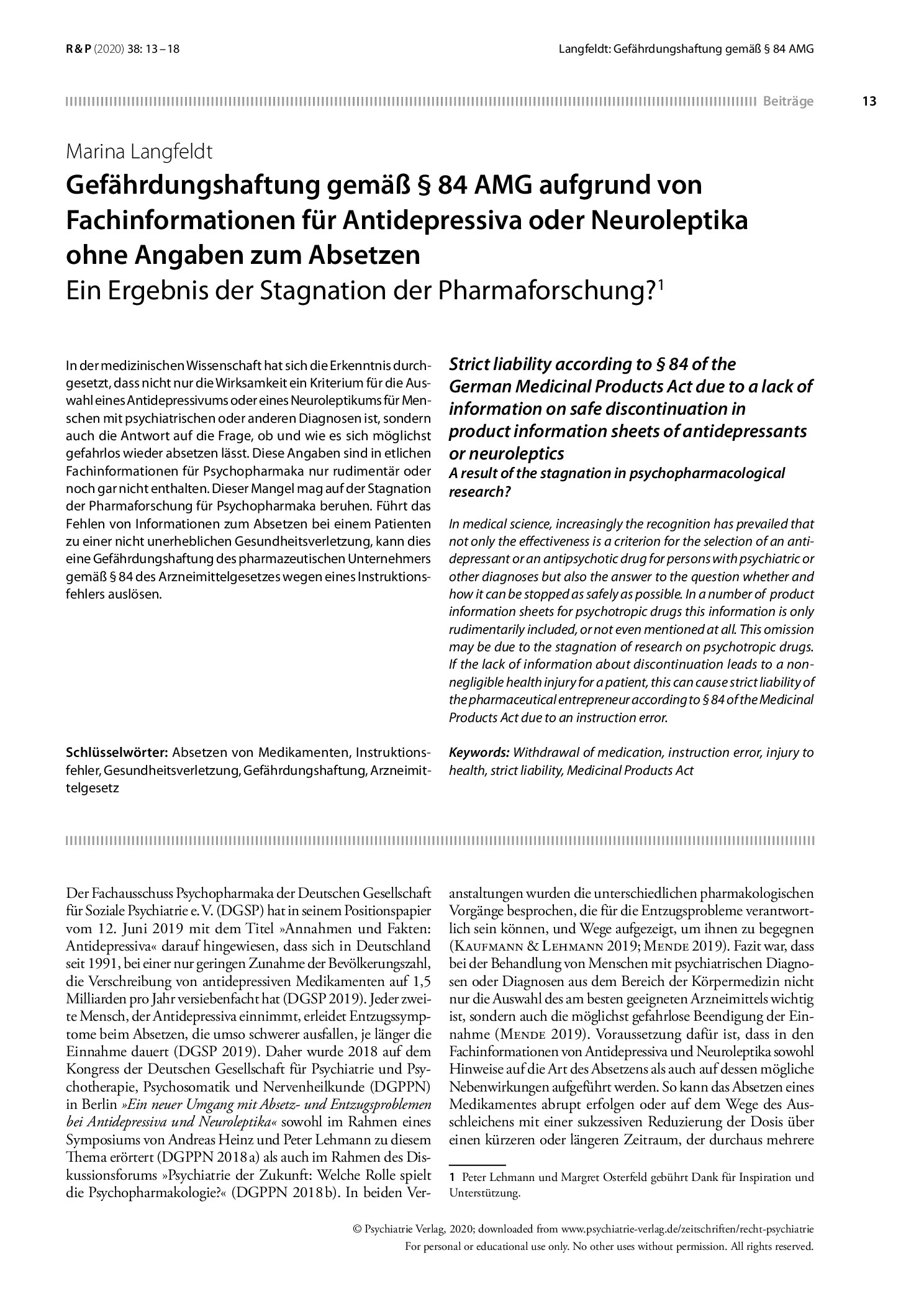 Vorschauseite 1: Gefährdungshaftung gemäß § 84 AMG aufgrund von Fachinformationen für Antidepressiva oder Neuroleptika ohne Angaben zum Absetzen
