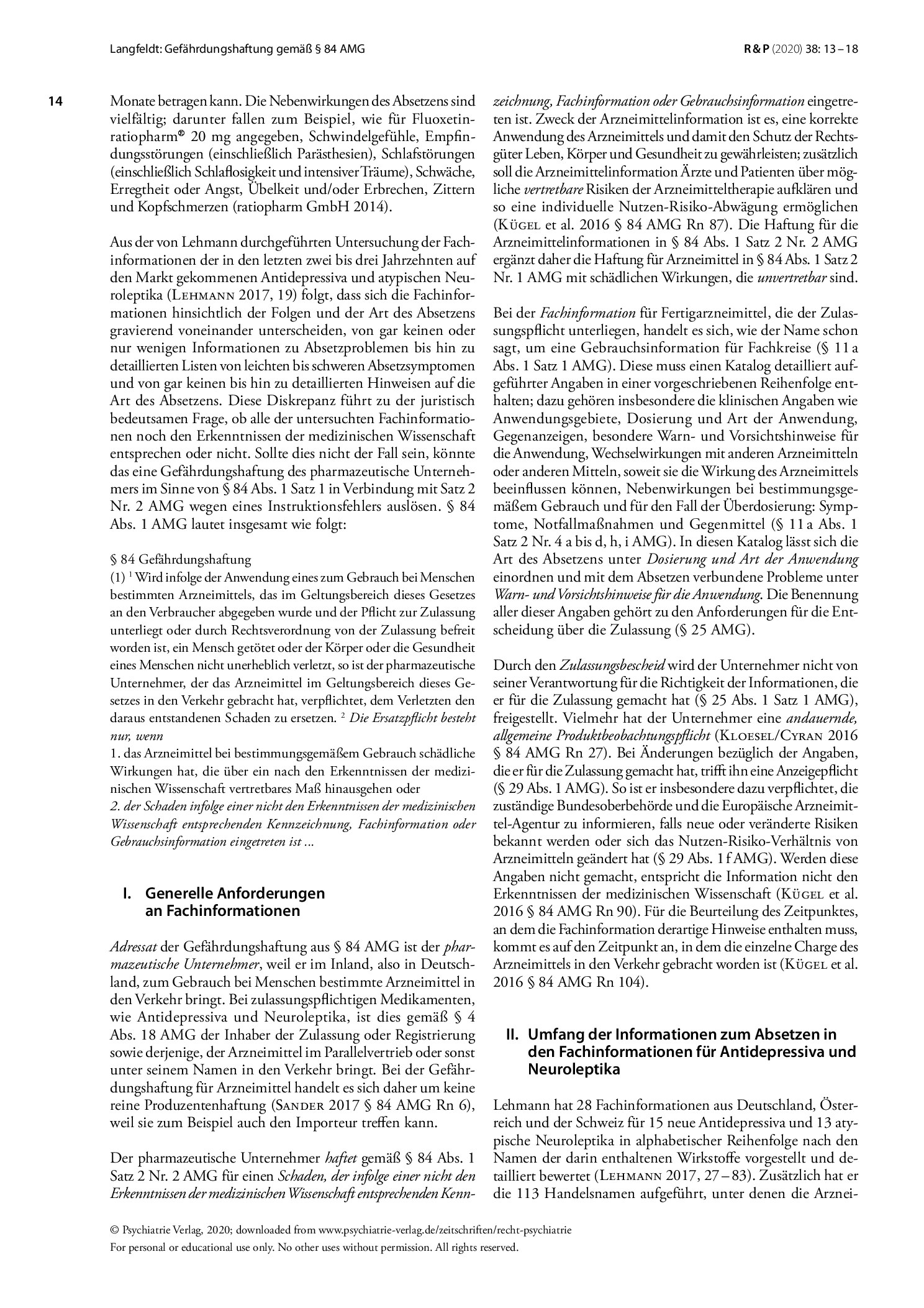 Vorschauseite 2: Gefährdungshaftung gemäß § 84 AMG aufgrund von Fachinformationen für Antidepressiva oder Neuroleptika ohne Angaben zum Absetzen