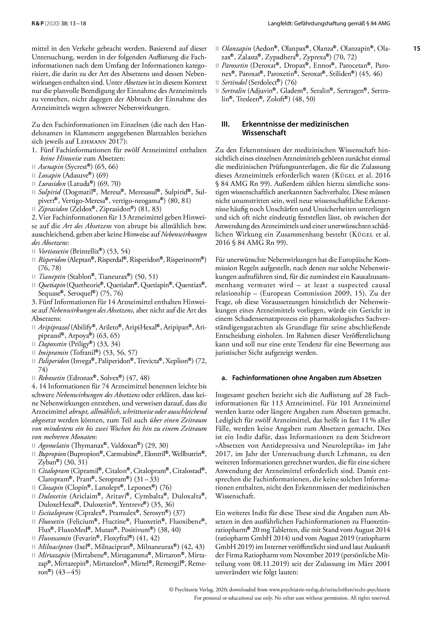 Vorschauseite 3: Gefährdungshaftung gemäß § 84 AMG aufgrund von Fachinformationen für Antidepressiva oder Neuroleptika ohne Angaben zum Absetzen