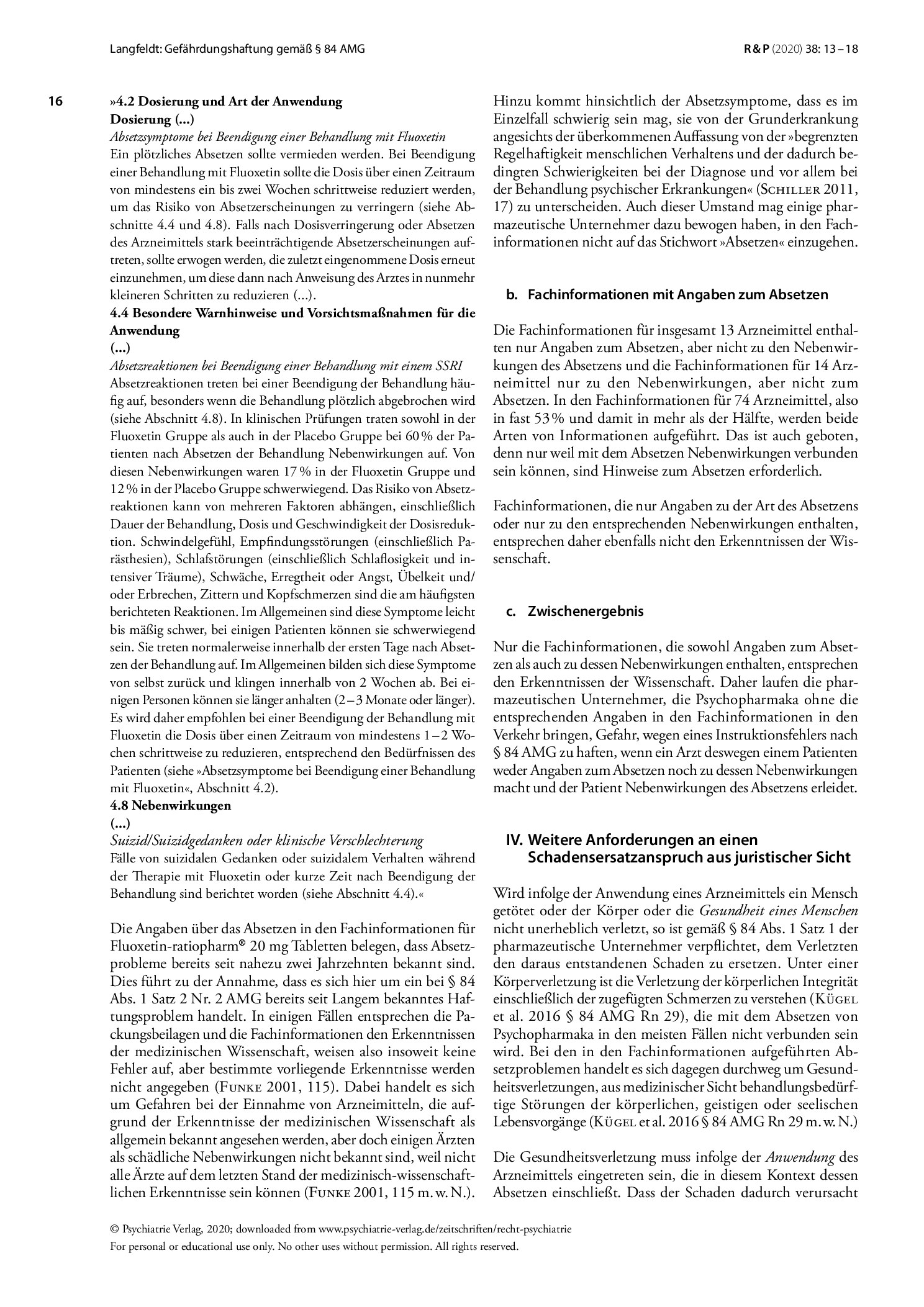 Vorschauseite 4: Gefährdungshaftung gemäß § 84 AMG aufgrund von Fachinformationen für Antidepressiva oder Neuroleptika ohne Angaben zum Absetzen