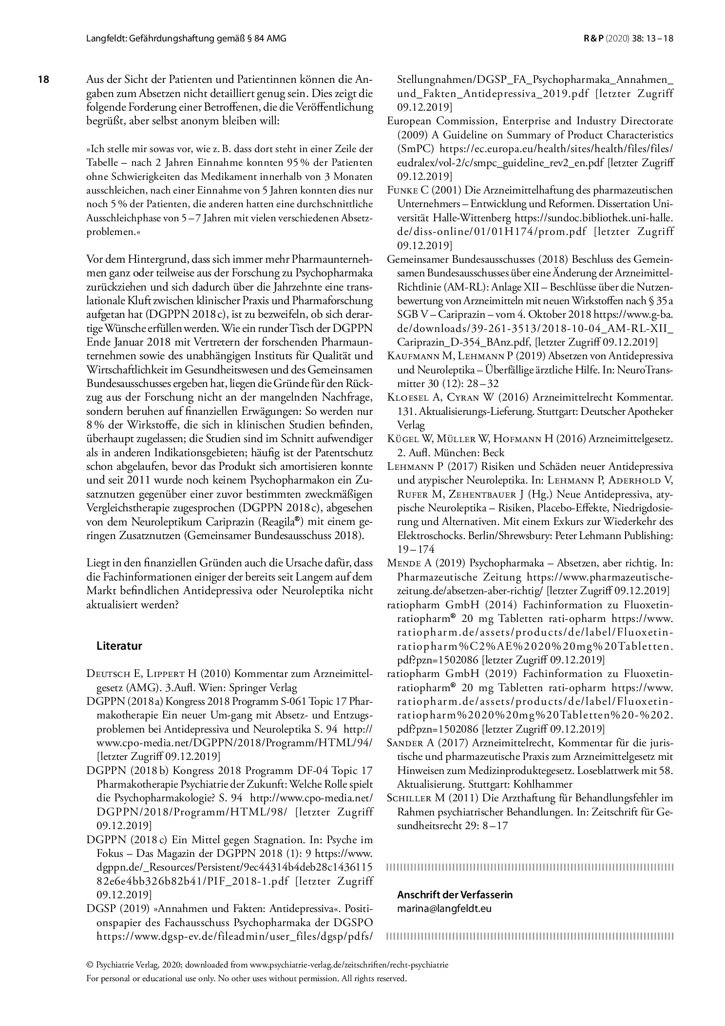 Vorschauseite 6: Gefährdungshaftung gemäß § 84 AMG aufgrund von Fachinformationen für Antidepressiva oder Neuroleptika ohne Angaben zum Absetzen