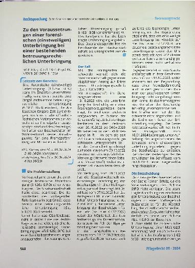 Vorschauseite 1: Zu den Voraussetzungen einer forensischen (einstweiligen) Unterbringung bei einer bestehenden betreuungsrechtlichen Unterbringung.