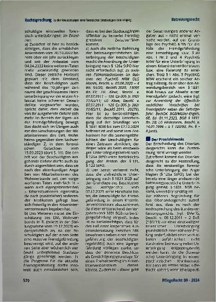 Vorschauseite 3: Zu den Voraussetzungen einer forensischen (einstweiligen) Unterbringung bei einer bestehenden betreuungsrechtlichen Unterbringung.