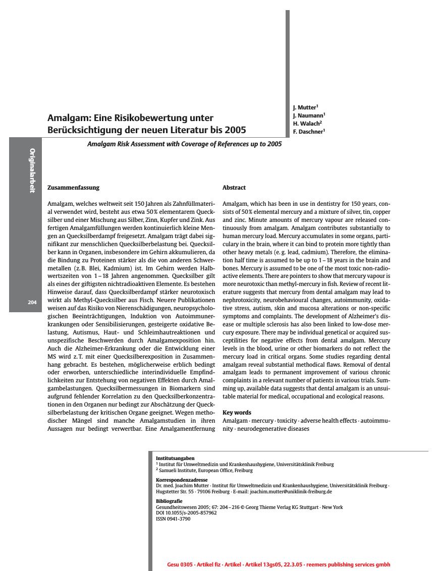Vorschauseite 1: Amalgam: Eine Risikobewertung unter Berücksichtigung der neuen Literatur bis 2005
