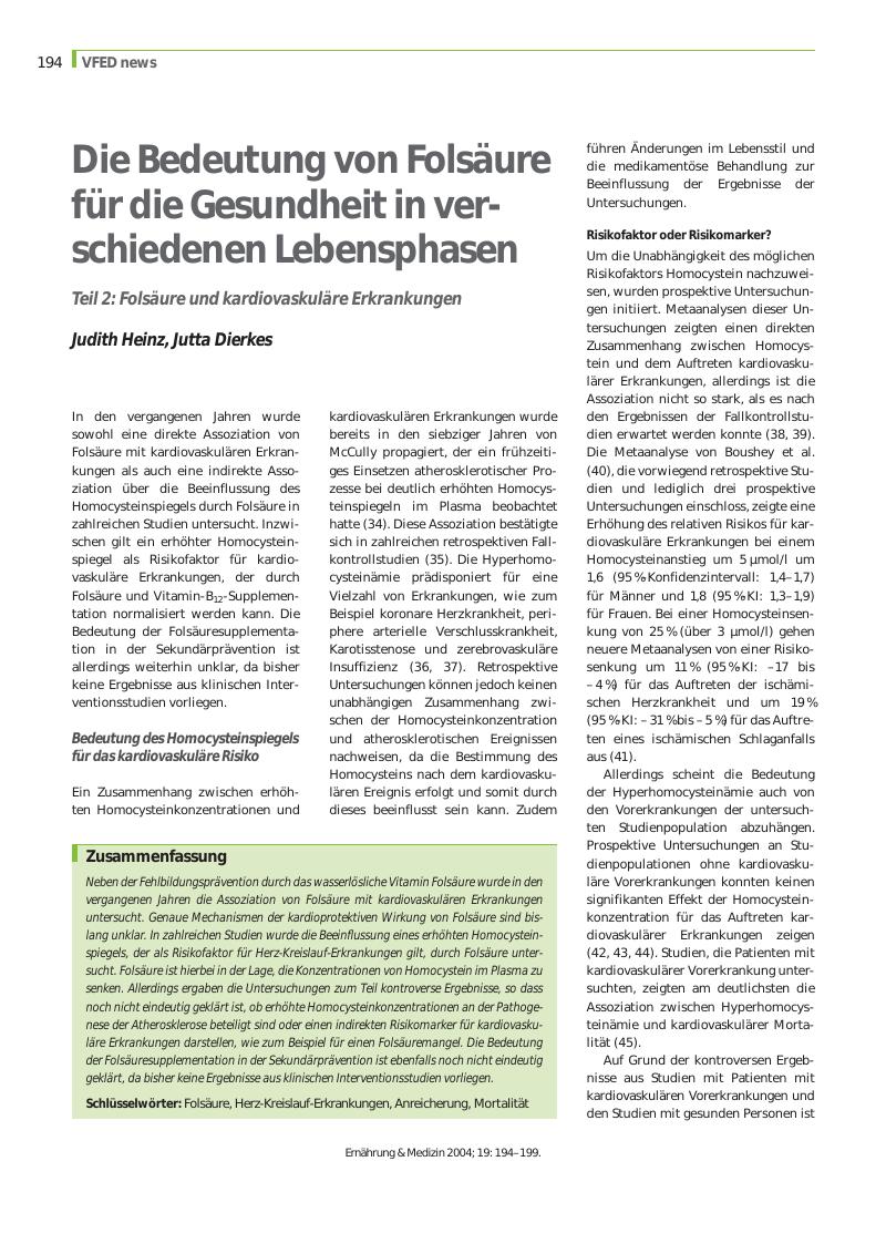 Vorschauseite 1: Die Bedeutung von Folsäure für die Gesundheit in verschiedenen Lebensphasen - Teil 2: Folsäure und kardiovaskuläre Erkrankungen