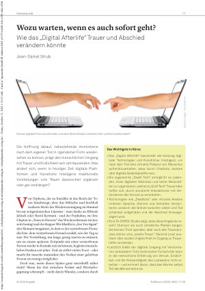 Vorschauseite 1: Wozu warten, wenn es auch sofort geht? Wie das „Digital Afterlife“ Trauer und Abschied verändern könnte