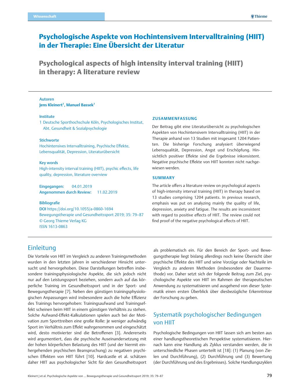 Vorschauseite 1: Psychologische Aspekte von Hochintensivem Intervalltraining (HIIT) in der Therapie: Eine Übersicht der Literatur