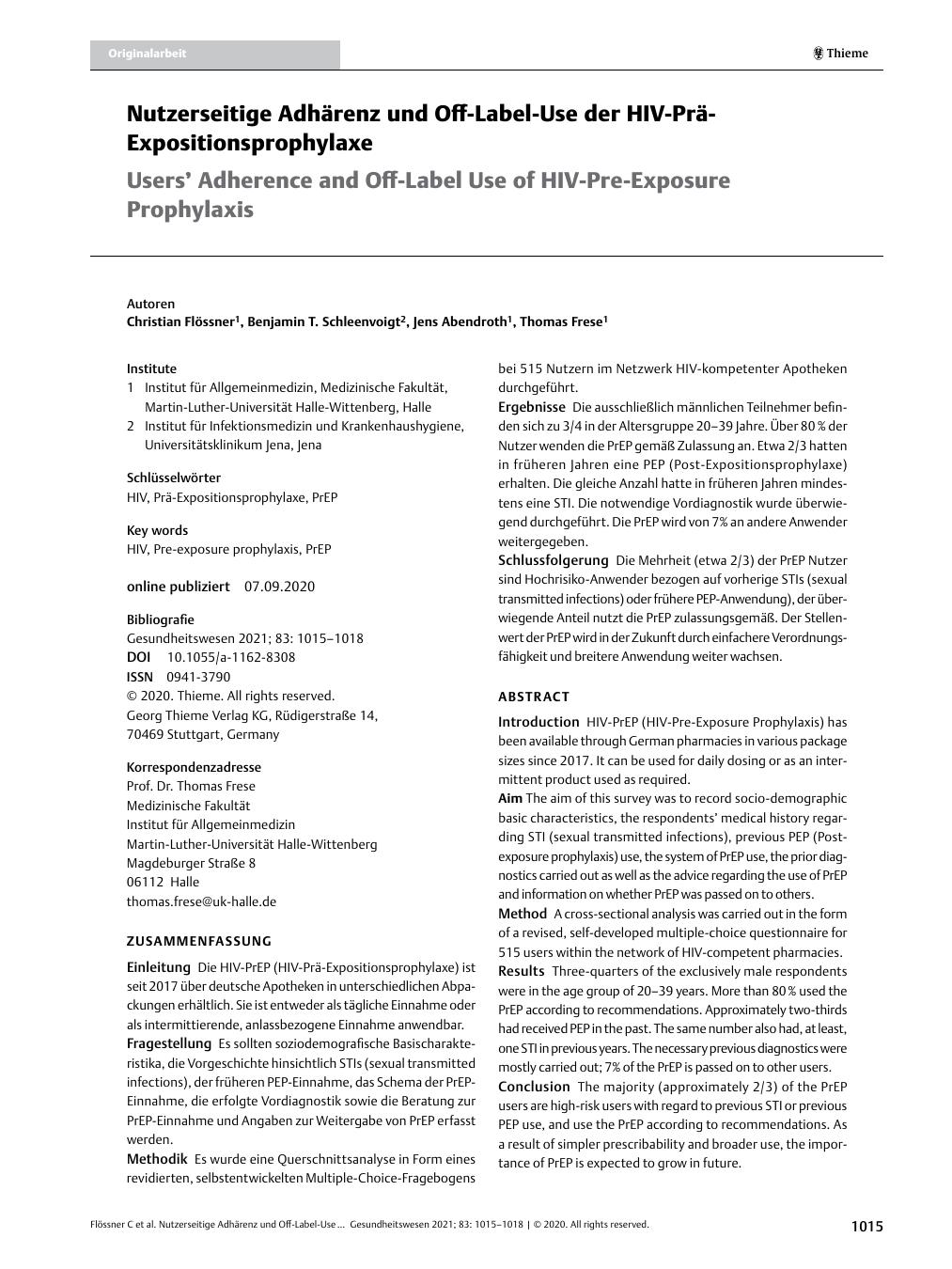 Vorschauseite 1: Nutzerseitige Adhärenz und Off-Label-Use der HIV-Prä-Expositionsprophylaxe