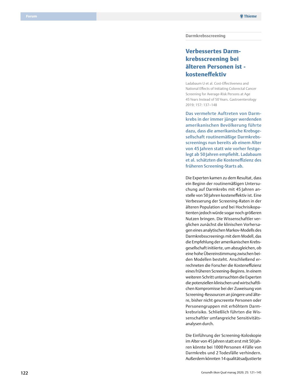 Vorschauseite 1: Darmkrebs-Screening? Verbessertes Darmkrebs-Screening bei älteren Personen ist kosteneffektiv.
