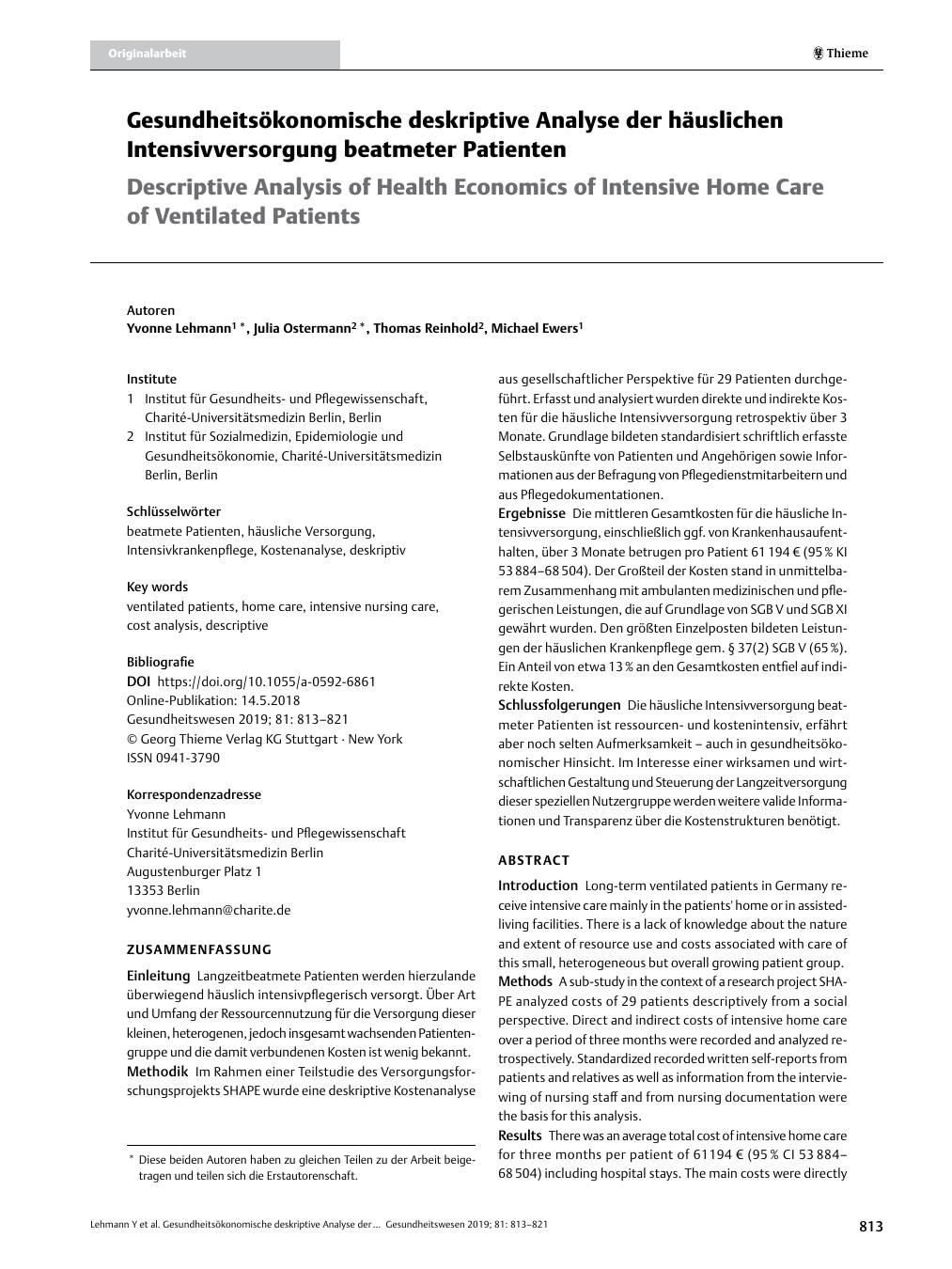Vorschauseite 1: Gesundheitsökonomische deskriptive Analyse der häuslichen Intensivversorgung beatmeter Patienten